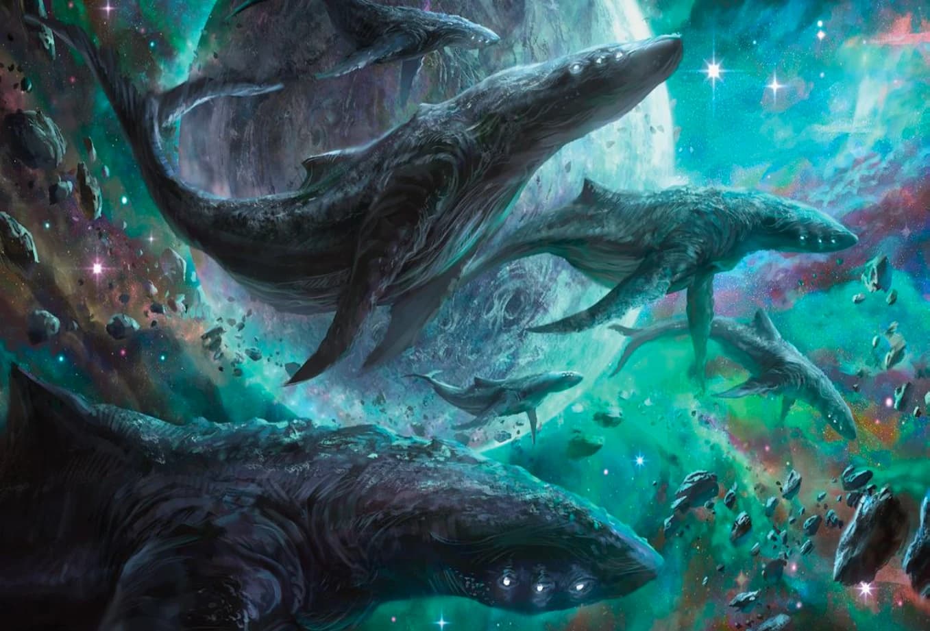 Astral whales drifting through a teal nebula